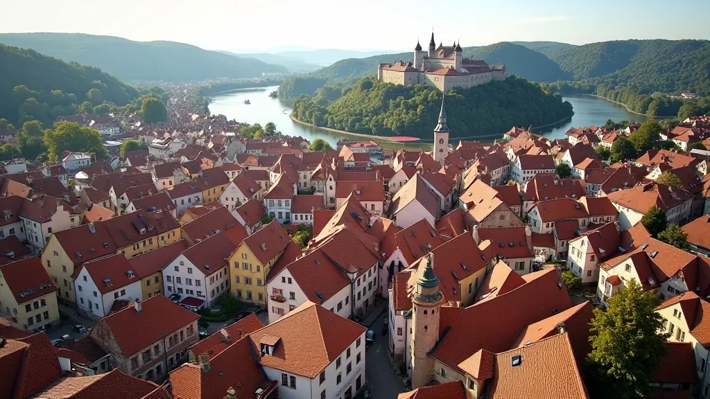 Letecký pohled na Český Krumlov s historickým centrem a řekou Vltavou