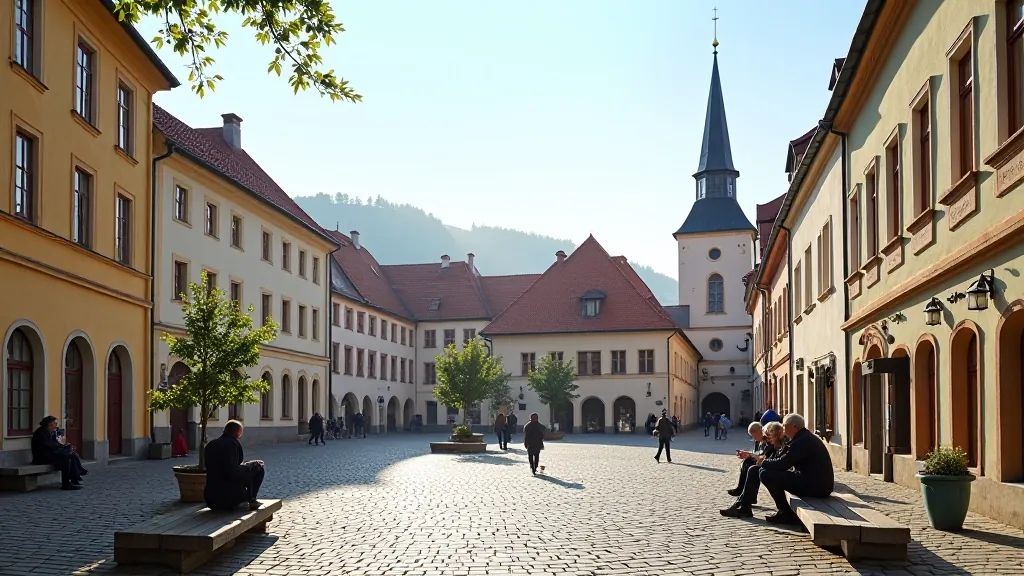 Historické náměstí v Českém Krumlově s tradiční architekturou, měšťanskými domy a centrální věží