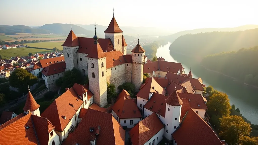 Český Krumlov Castle dominující nad městem, červené střechy a středověké věže v panoramickém pohledu